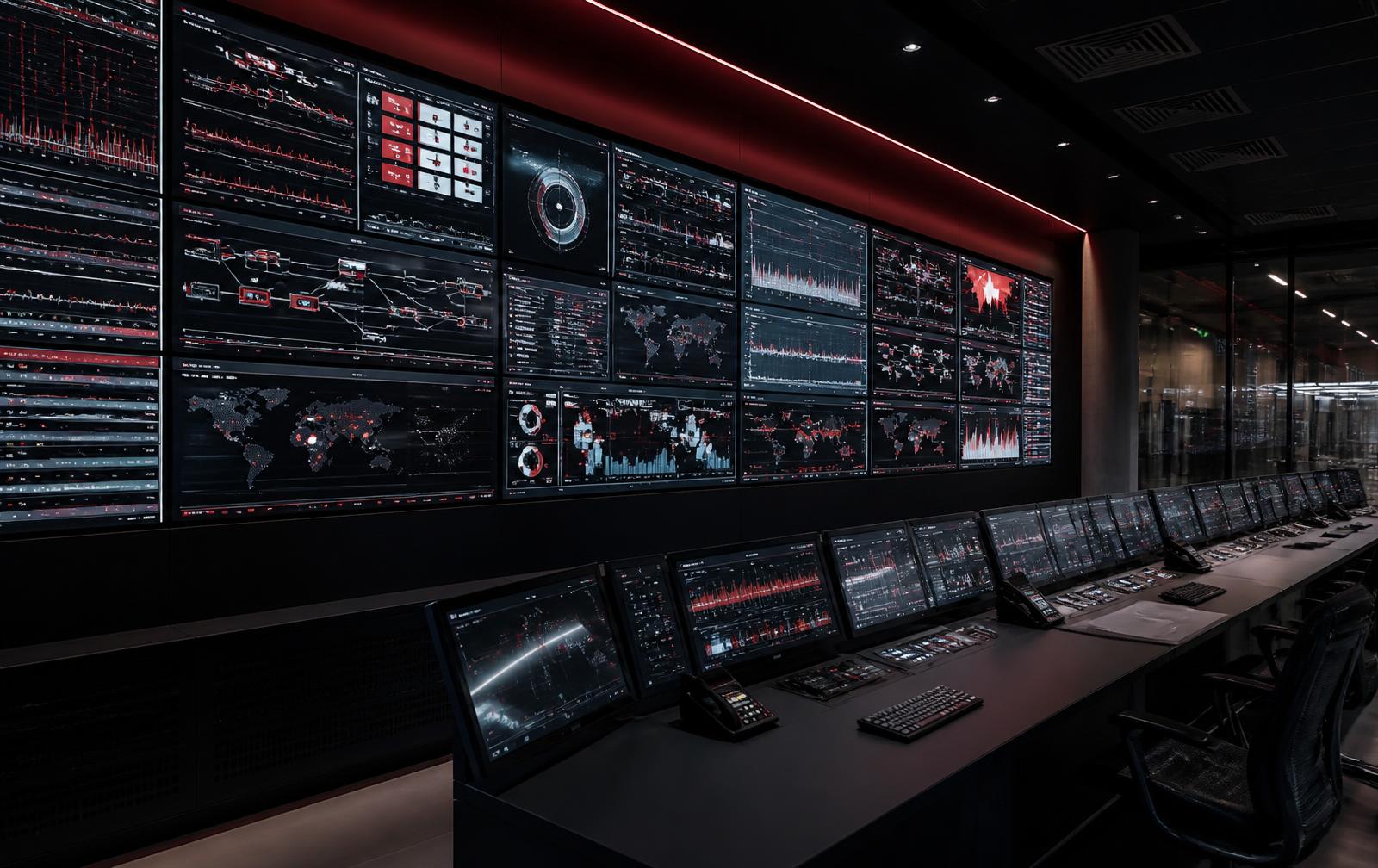 Industrial control room with a wall of operational monitoring screens