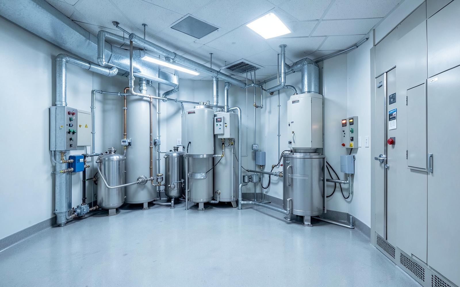 Hospital plant room with mechanical and electrical infrastructure
