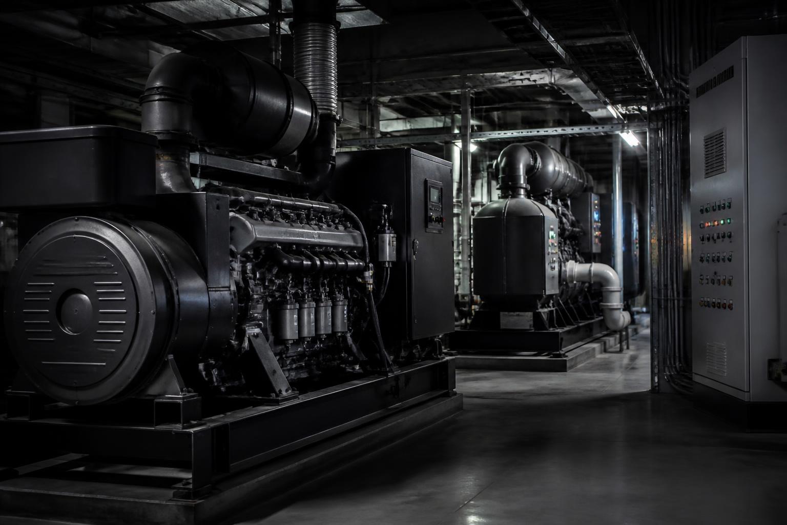 Diesel generator sets, chillers and compressor equipment with control panels in a plant utility room