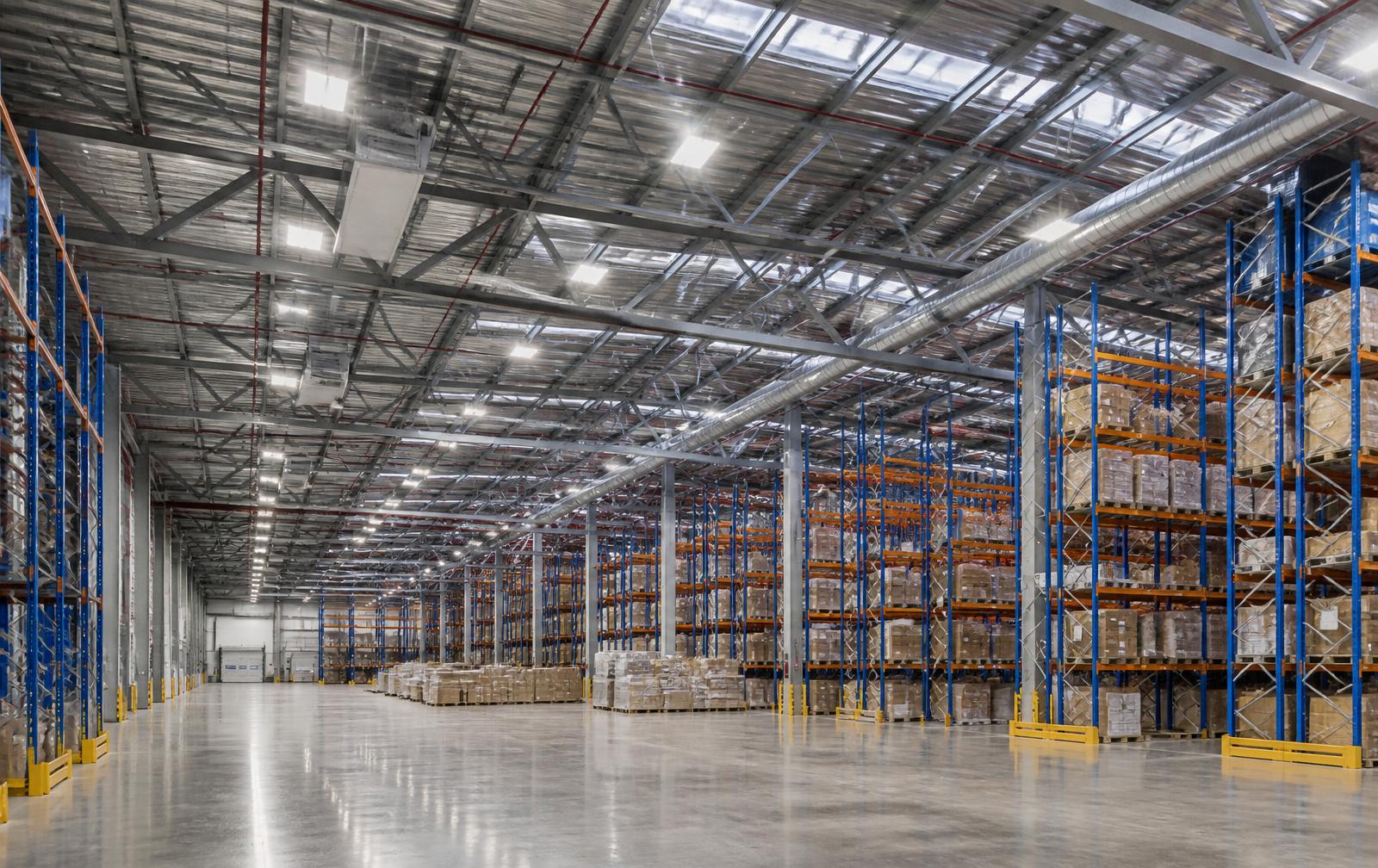 Warehouse interior with racking, lighting and loading equipment